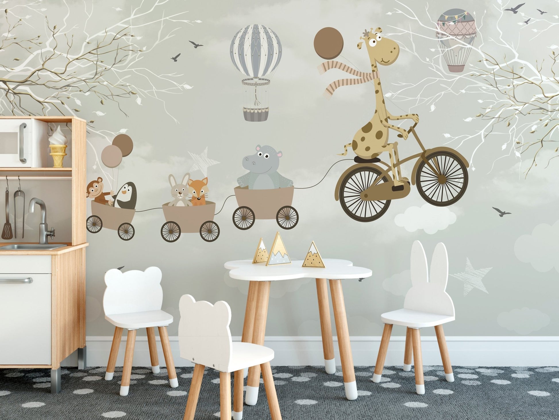 Animal adventure wallpaper mural in a clean, contemporary room with white chairs.