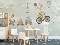 Animal adventure wallpaper mural in a clean, contemporary room with white chairs.