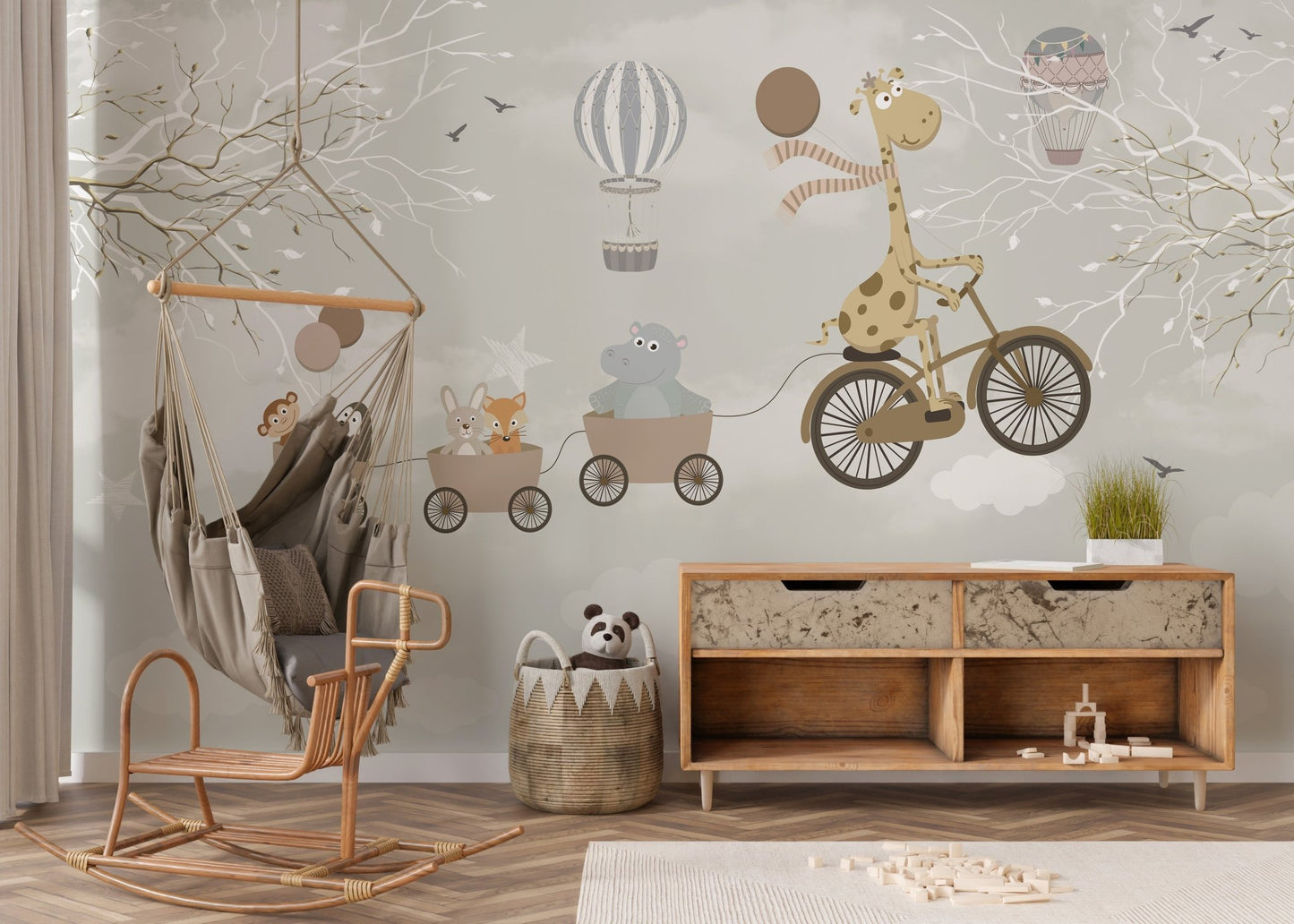 Soft grey and beige hot air balloon adventure wallpaper mural in a modern child’s room.