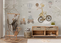 Soft grey and beige hot air balloon adventure wallpaper mural in a modern child’s room.