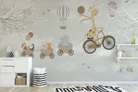 Whimsical animal train adventure wall mural in a bright playroom with wooden toy storage.