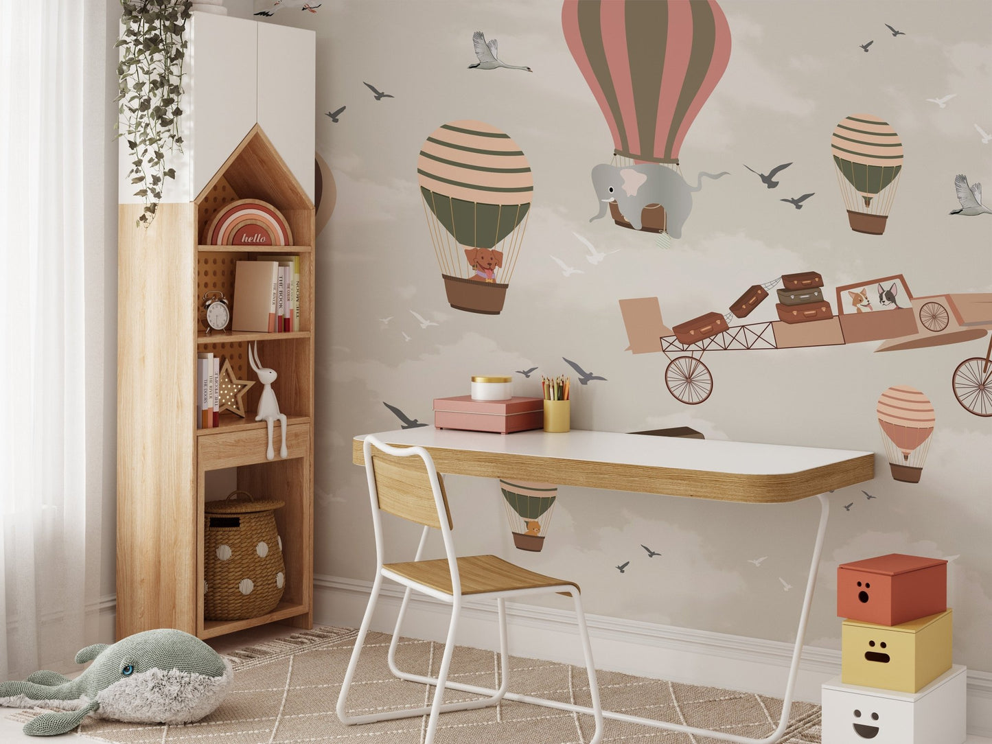 Sky safari mural blending wildlife and adventure for study area.
