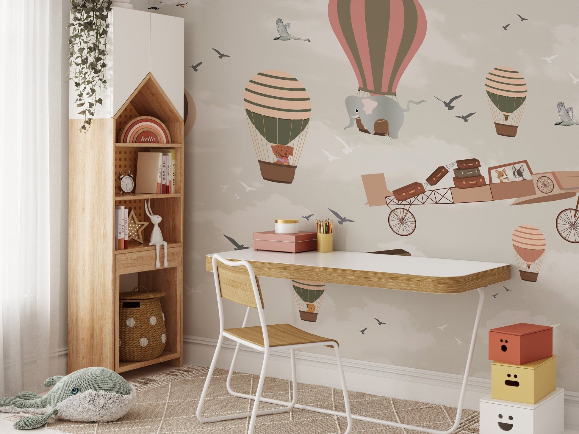 Sky safari mural blending wildlife and adventure for study area.
