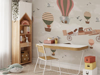 Sky safari mural blending wildlife and adventure for study area.
