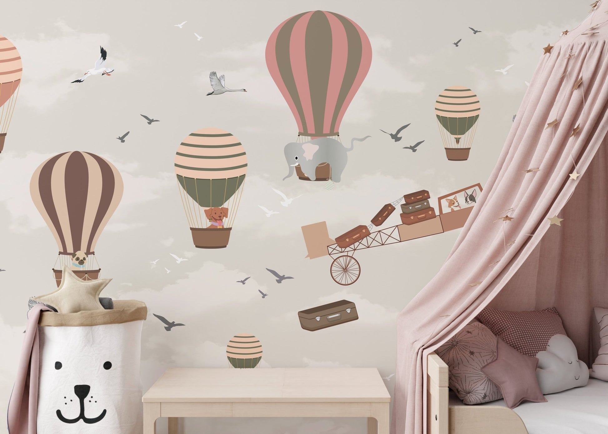 Neutral bedroom wall mural with animal safari illustrations and pink curtains.