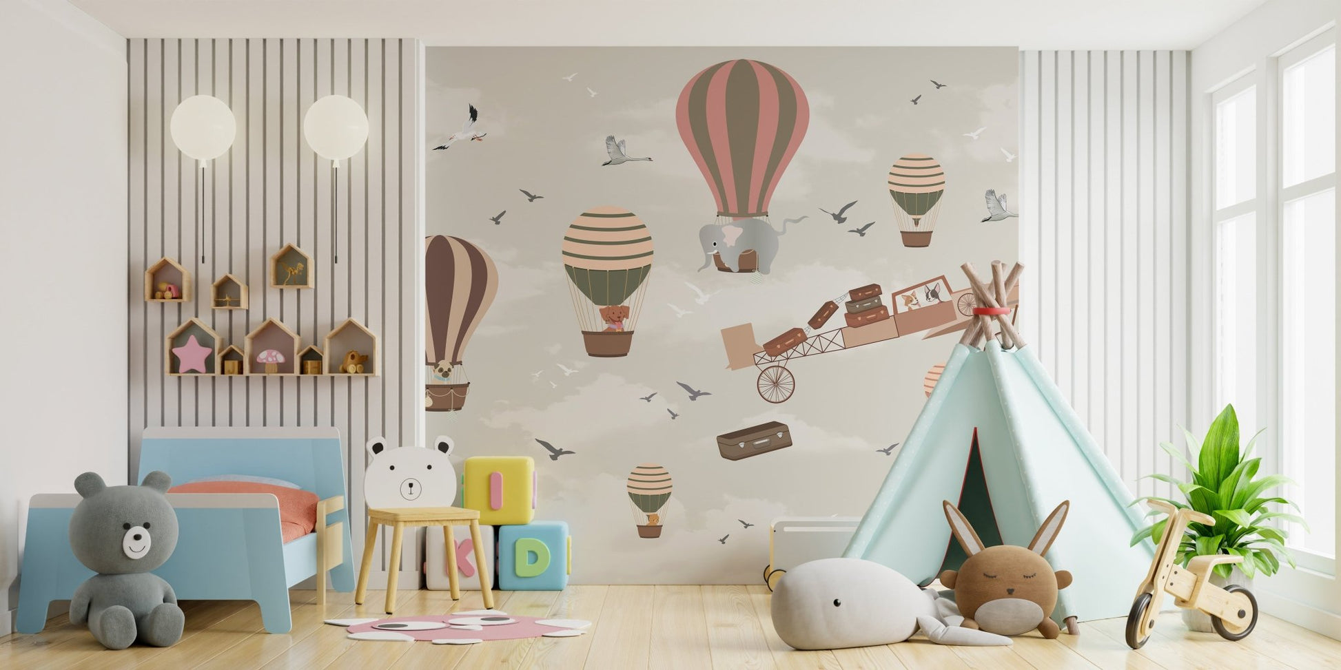 Wildlife-themed mural in kids bedroom showcasing animals soaring in a sky safari.
