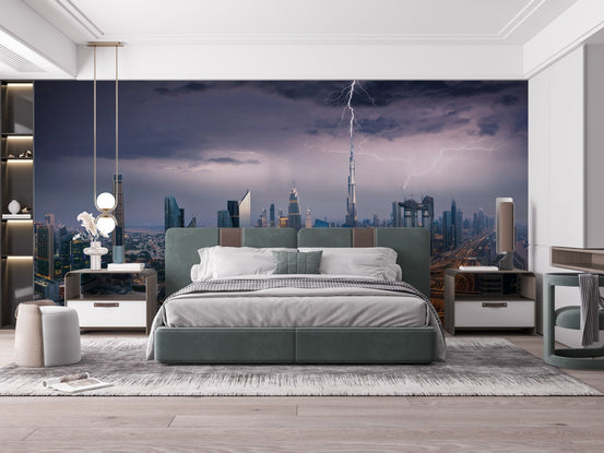 Skyscrapers of Dubai wall murals in a modern bedroom with a green bed.
