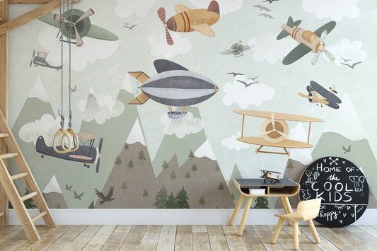 Skyward adventure dreams wall mural with vintage airplanes.