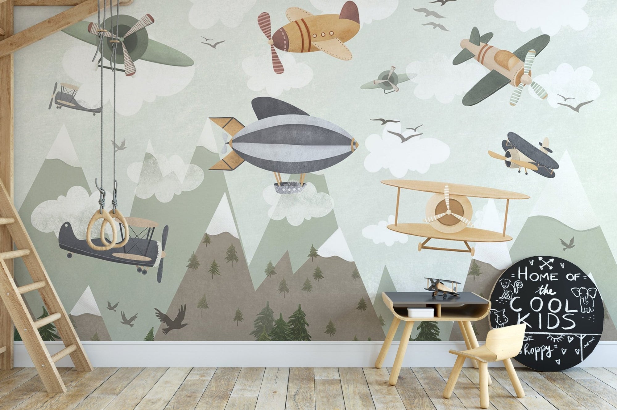 Skyward adventure dreams wall mural with vintage airplanes.