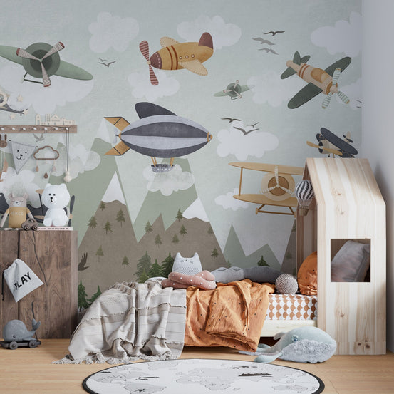 Vintage skyward wall mural with propeller planes and birds.