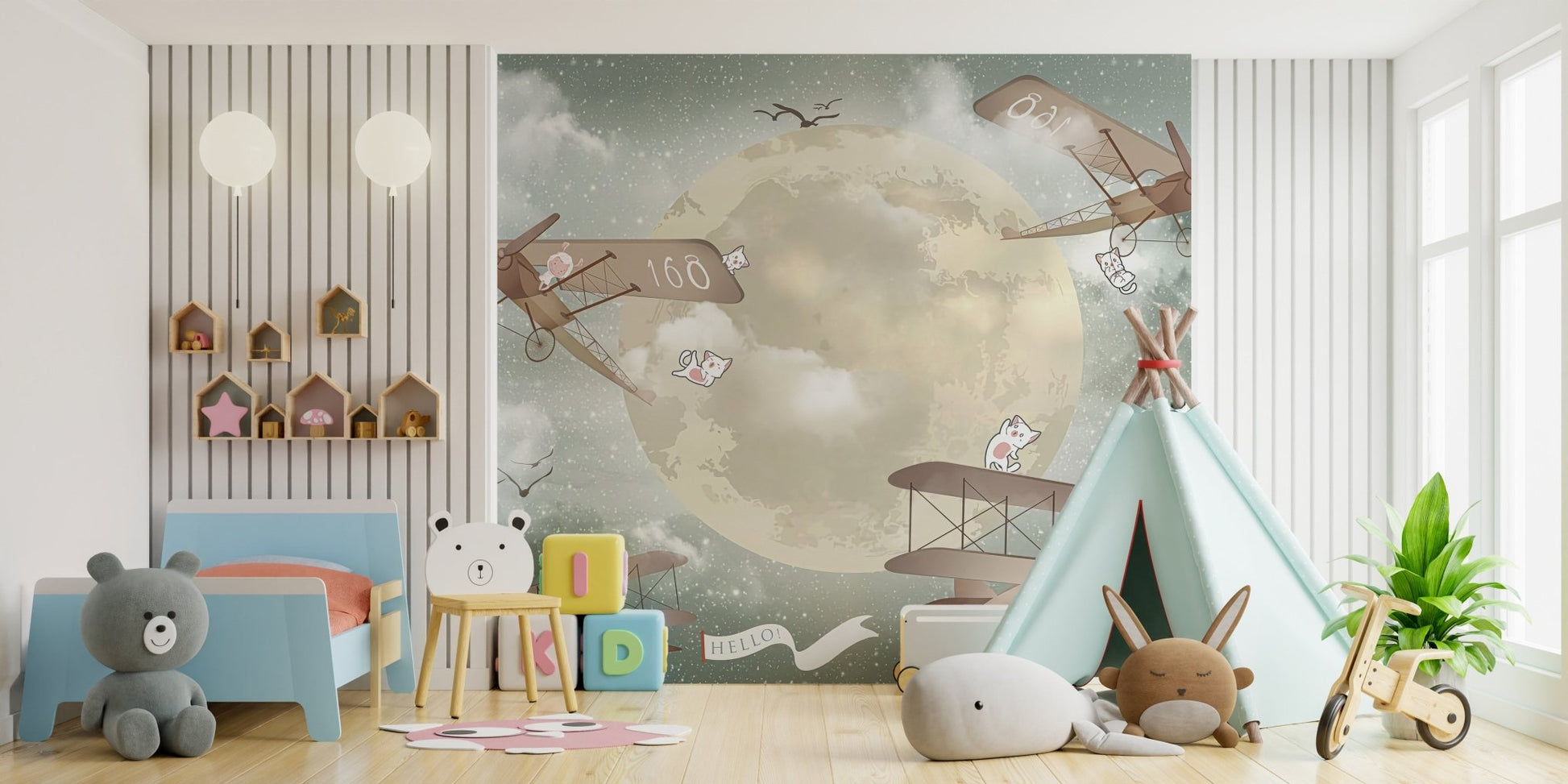 Skyward Star gliders Kids Room Murals with blue bed and teddy bear.
