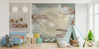 Skyward Star gliders Kids Room Murals with blue bed and teddy bear.