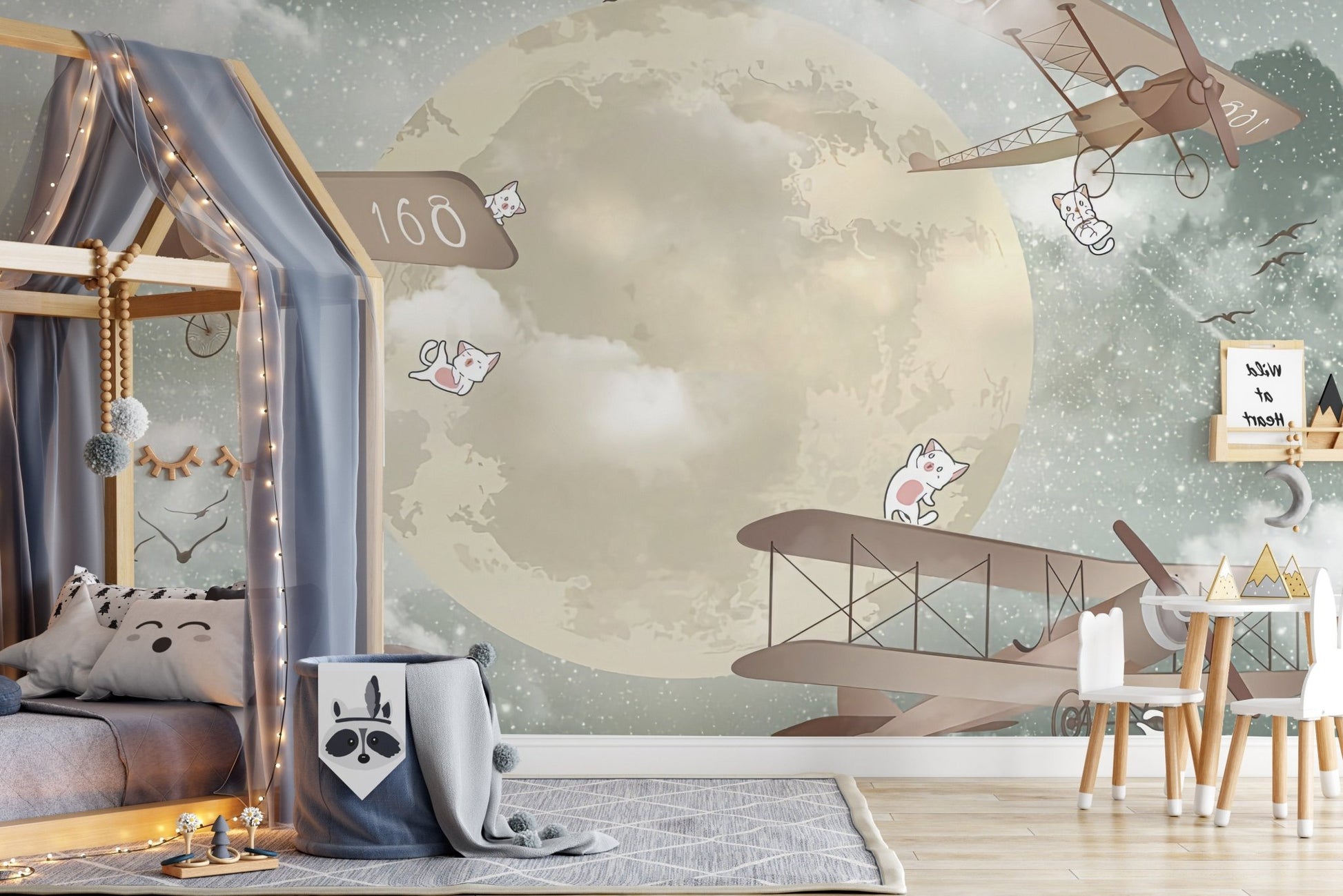 Kids Room Mural with house-shaped bed frame and skyward star patterns.