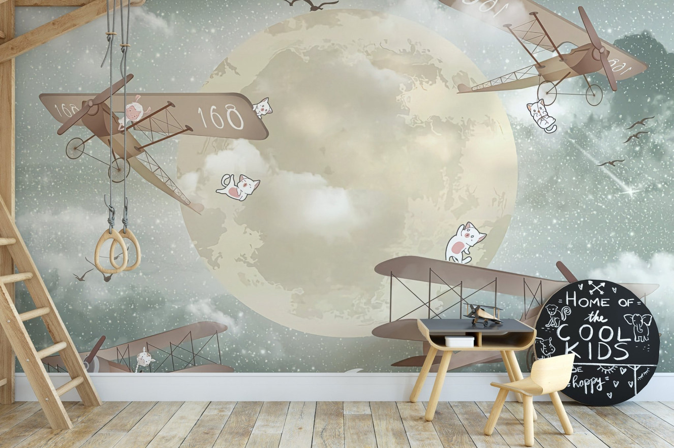 Star gliders mural with a serene sky in kids study area.