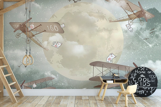 Star gliders mural with a serene sky in kids study area.