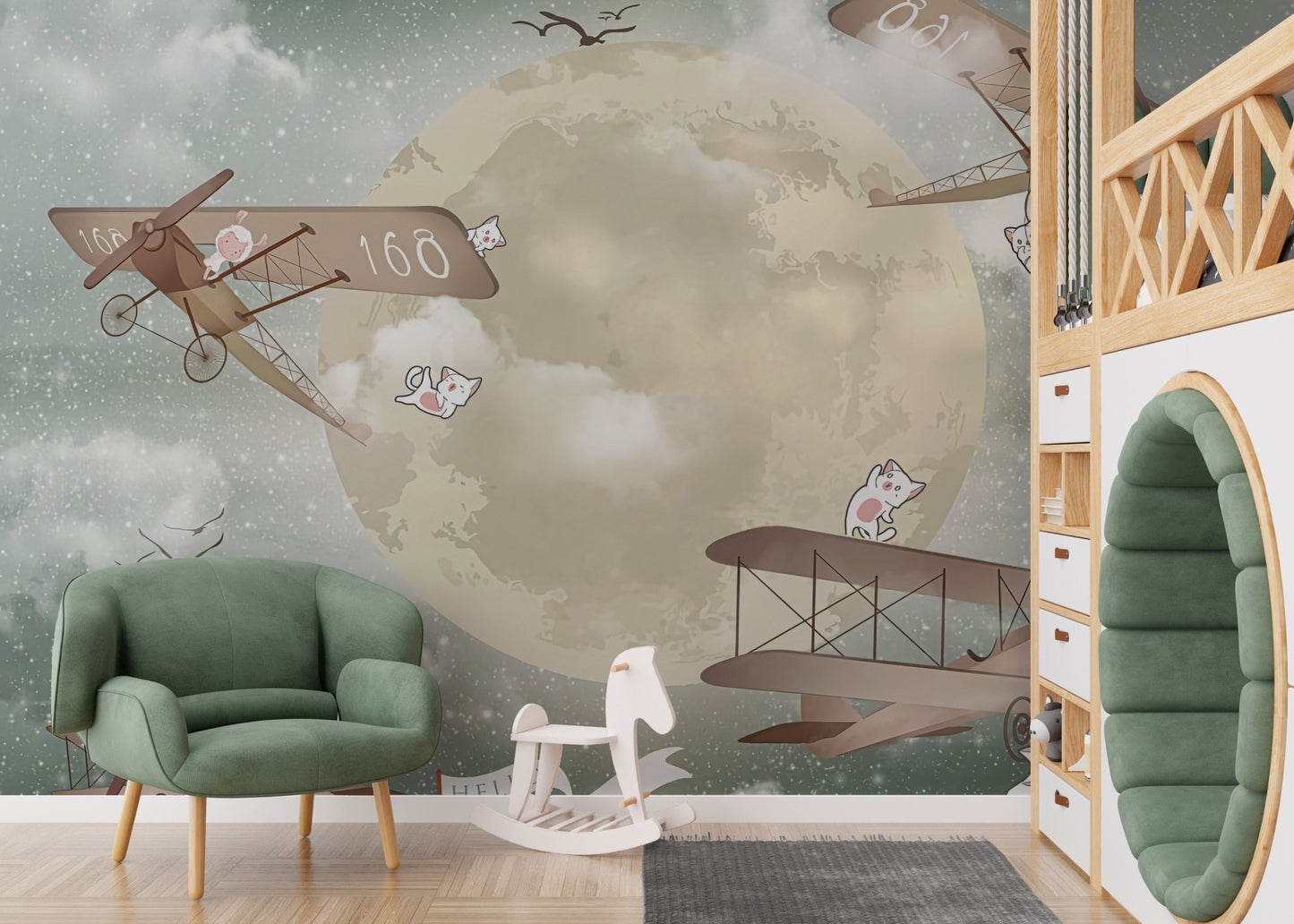 Kids playroom mural showcasing starry skyward gliders