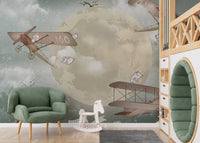 Kids playroom mural showcasing starry skyward gliders
