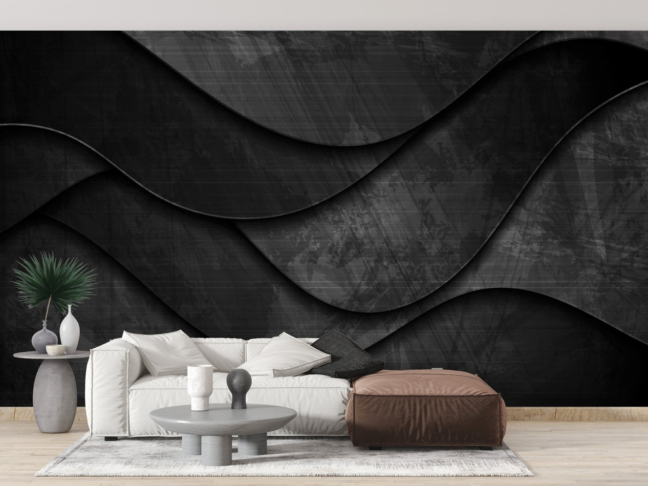 Sleek Black 3D Wave Wallpaper Mural
