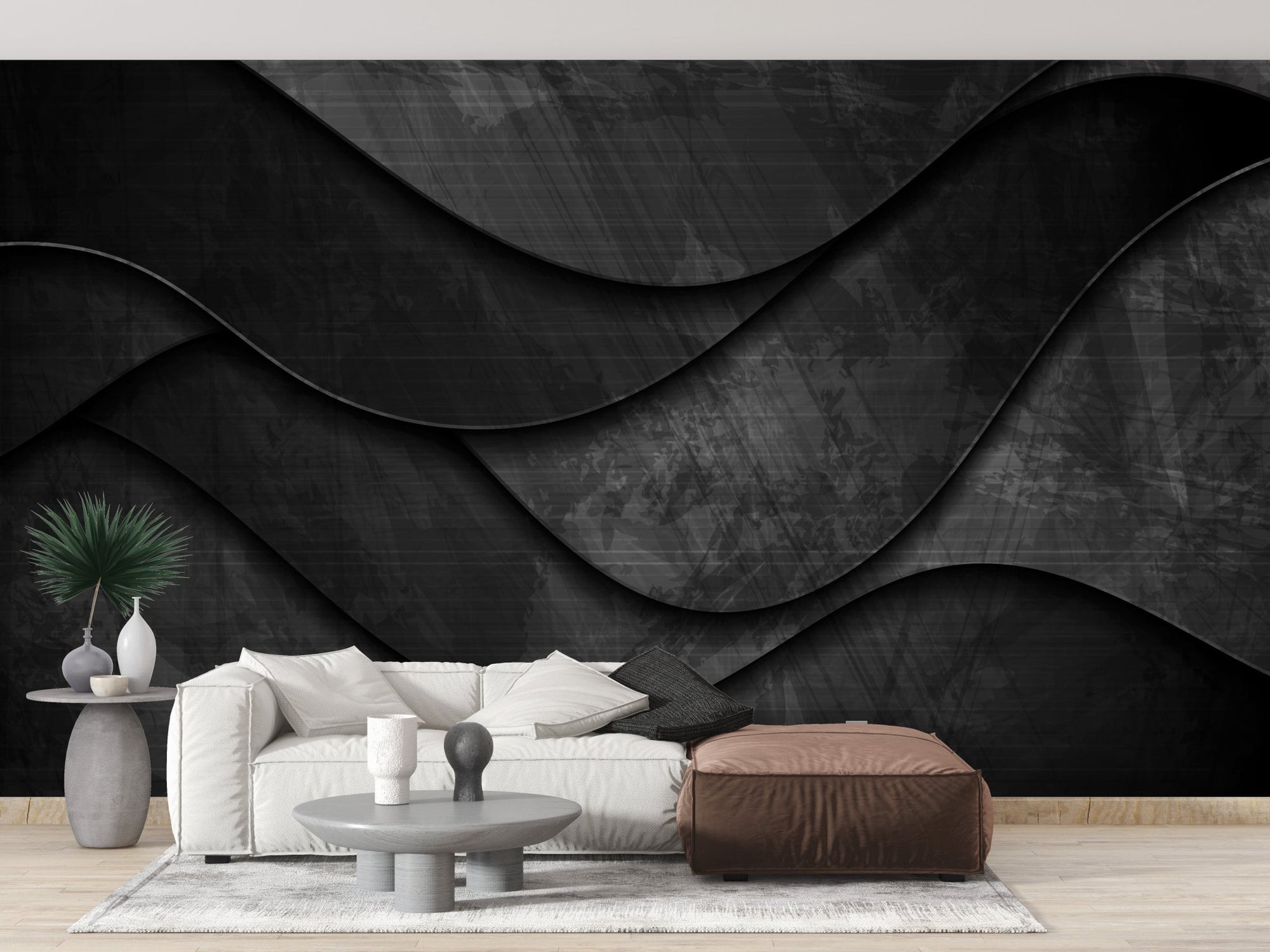 Sleek Black 3D Wave Wall Murals in modern living room with white sofa