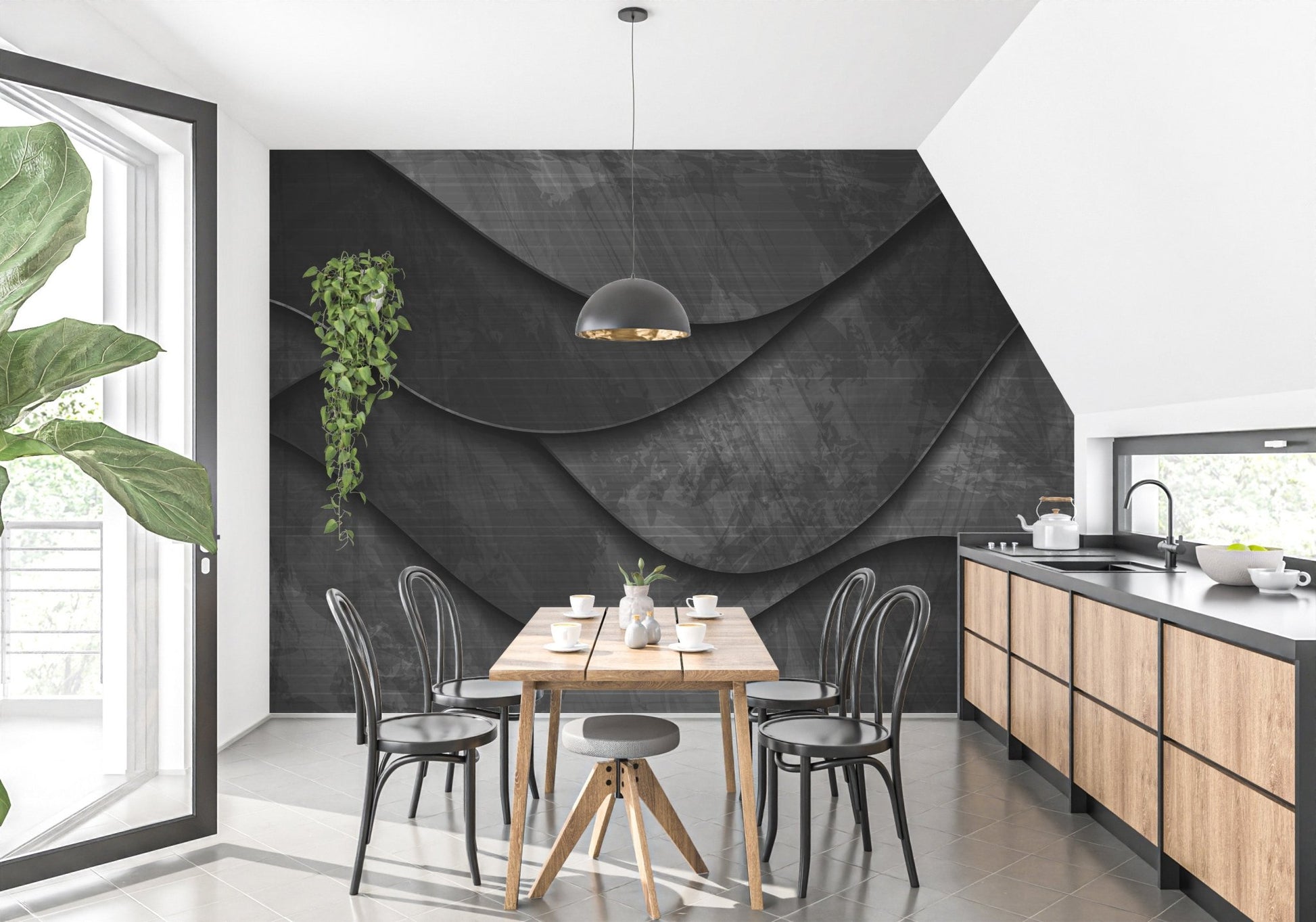 Textured black 3D wave wall mural in a bright dining room setting
