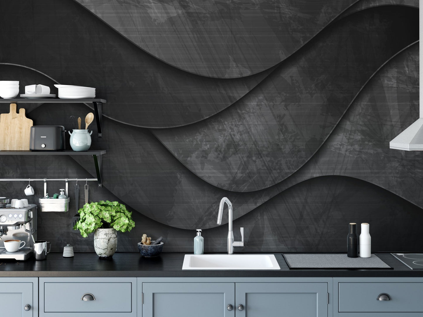 Matte black wave wall mural in a modern kitchen with grey cabinets
