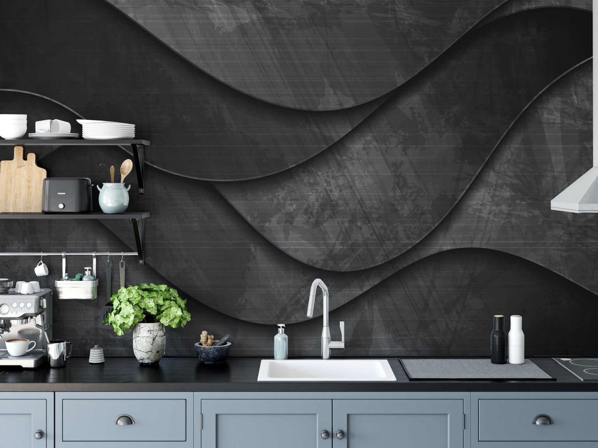 Matte black wave wall mural in a modern kitchen with grey cabinets