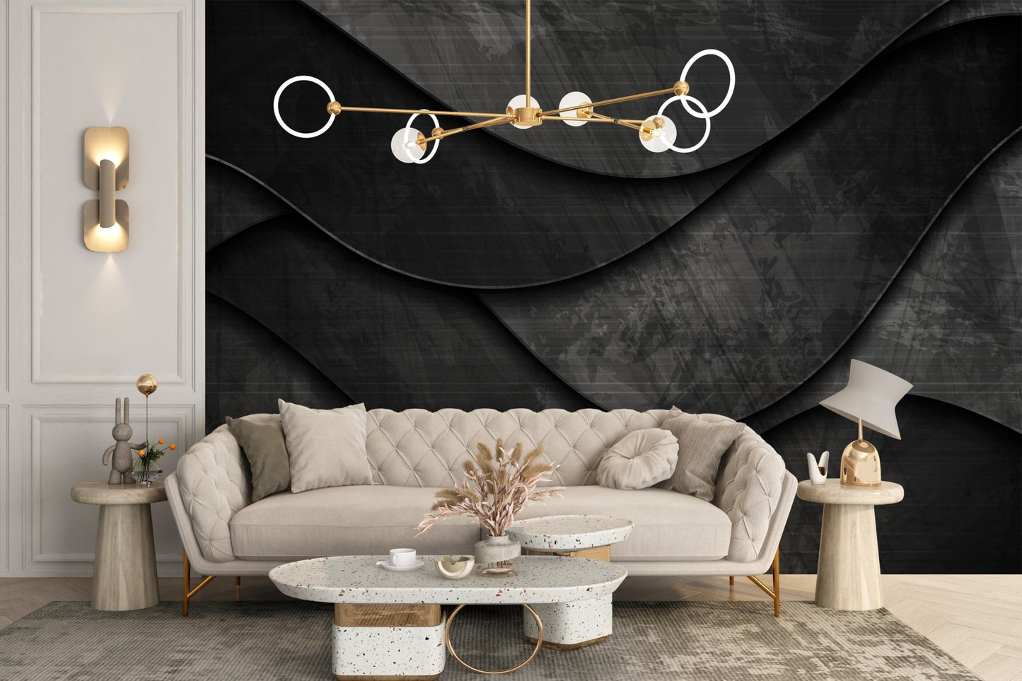 Sleek Black 3D Wave Wall Murals in a living area with a beige sofa