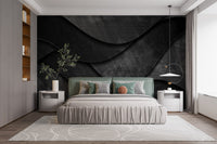 Grey and black layered wave wall mural in a minimalist bedroom