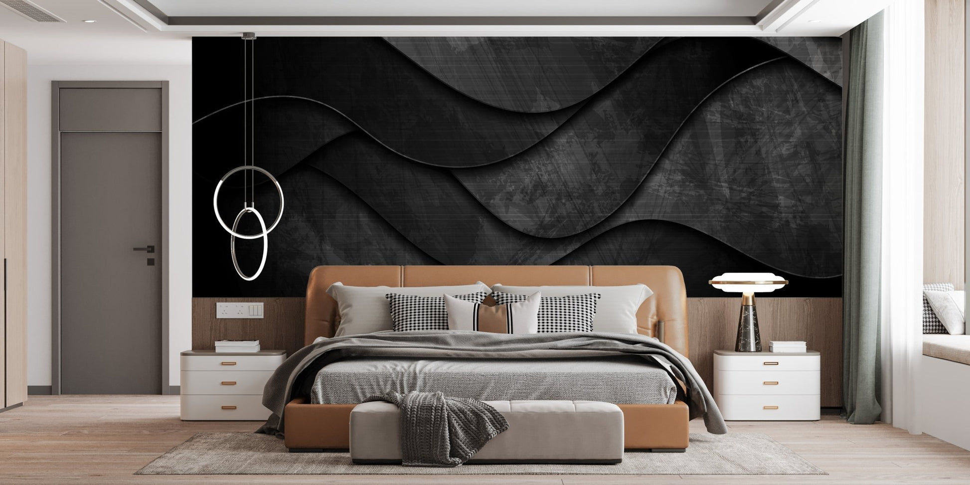Sleek Black 3D Wave Wall Murals behind a tan leather bed frame