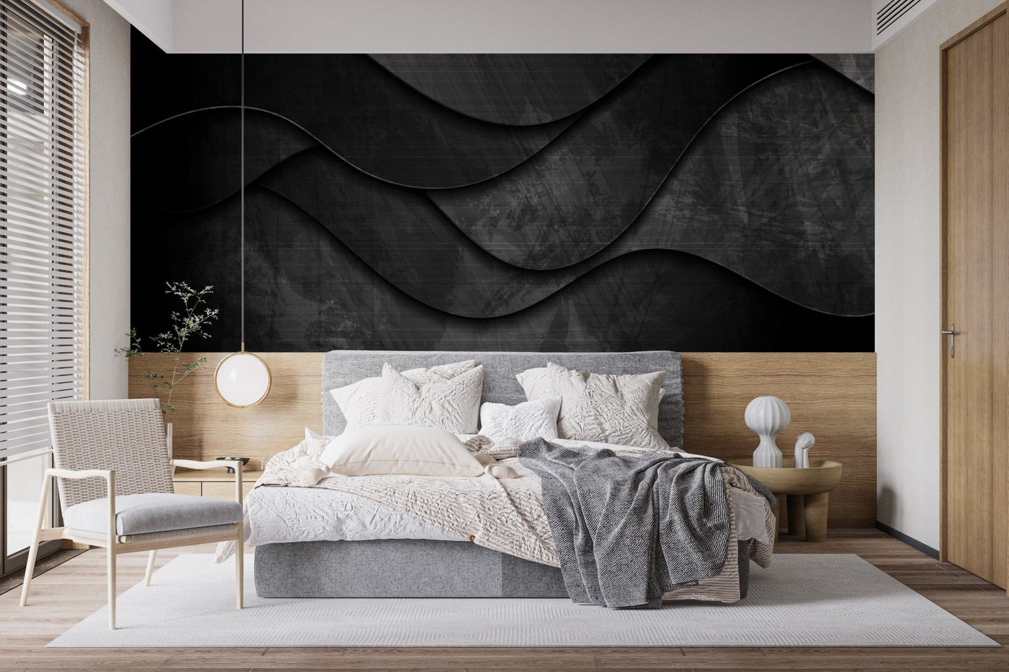 Modern 3D wave wall mural in a bedroom with soft ambient lighting