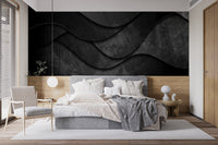 Modern 3D wave wall mural in a bedroom with soft ambient lighting