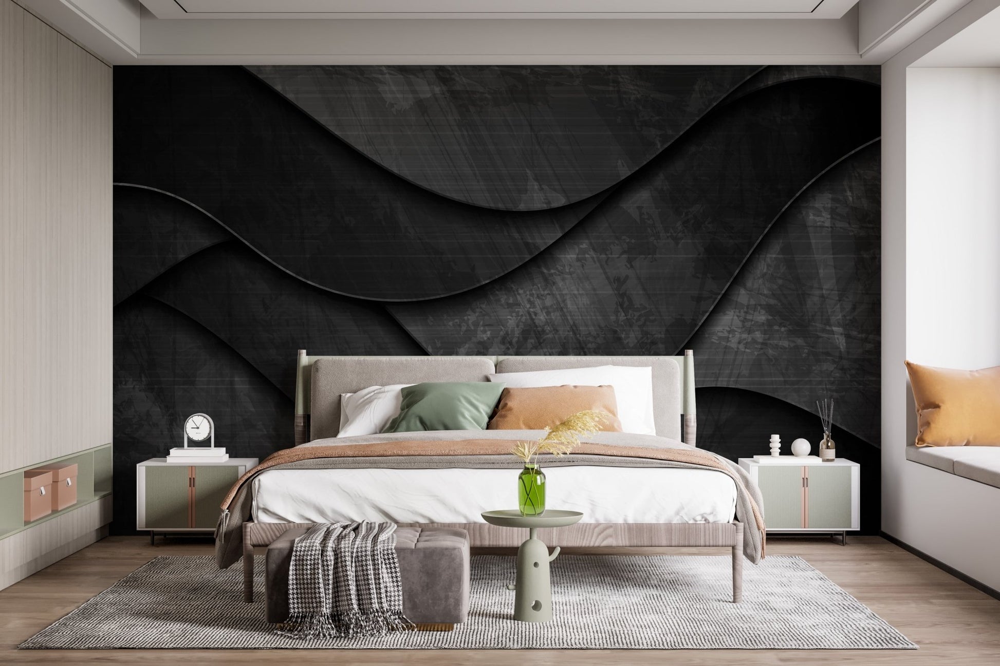 Abstract black wave mural on a large bedroom feature wall