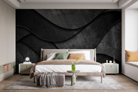 Abstract black wave mural on a large bedroom feature wall