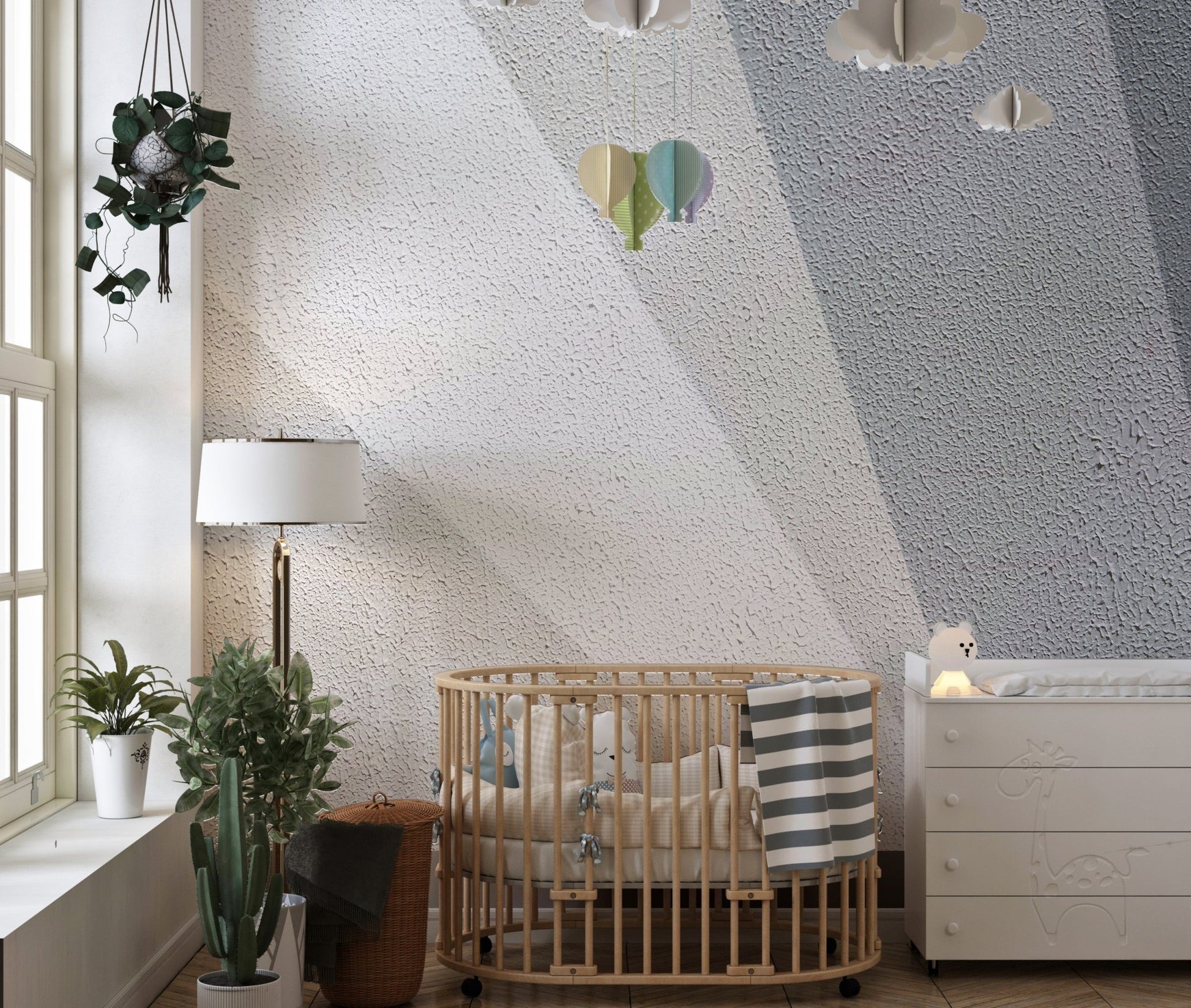 Sleek mural showcasing textured concrete for refined nursery interiors.
