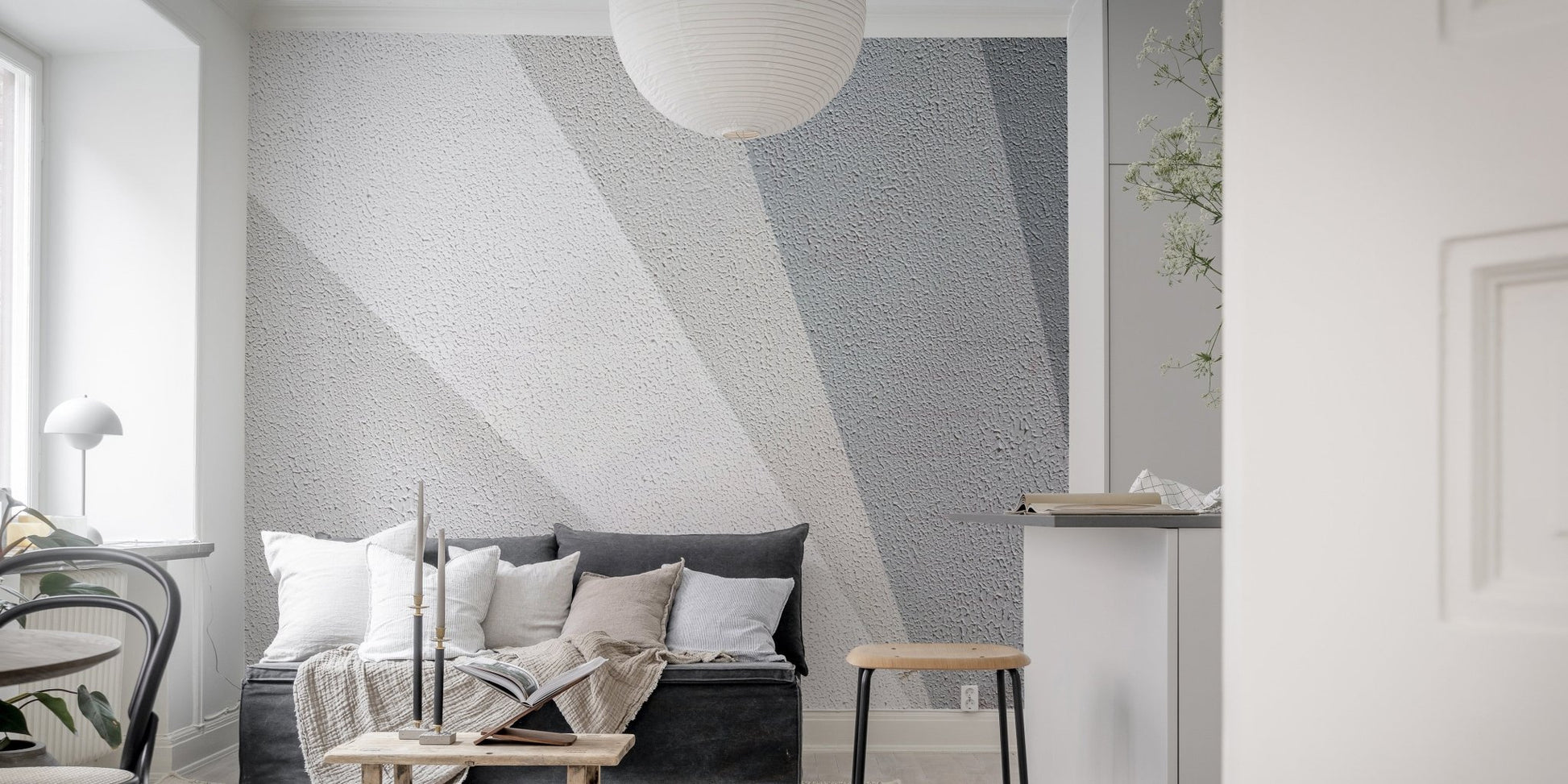 Artistic mural featuring sleek concrete impressions for living area interior..
