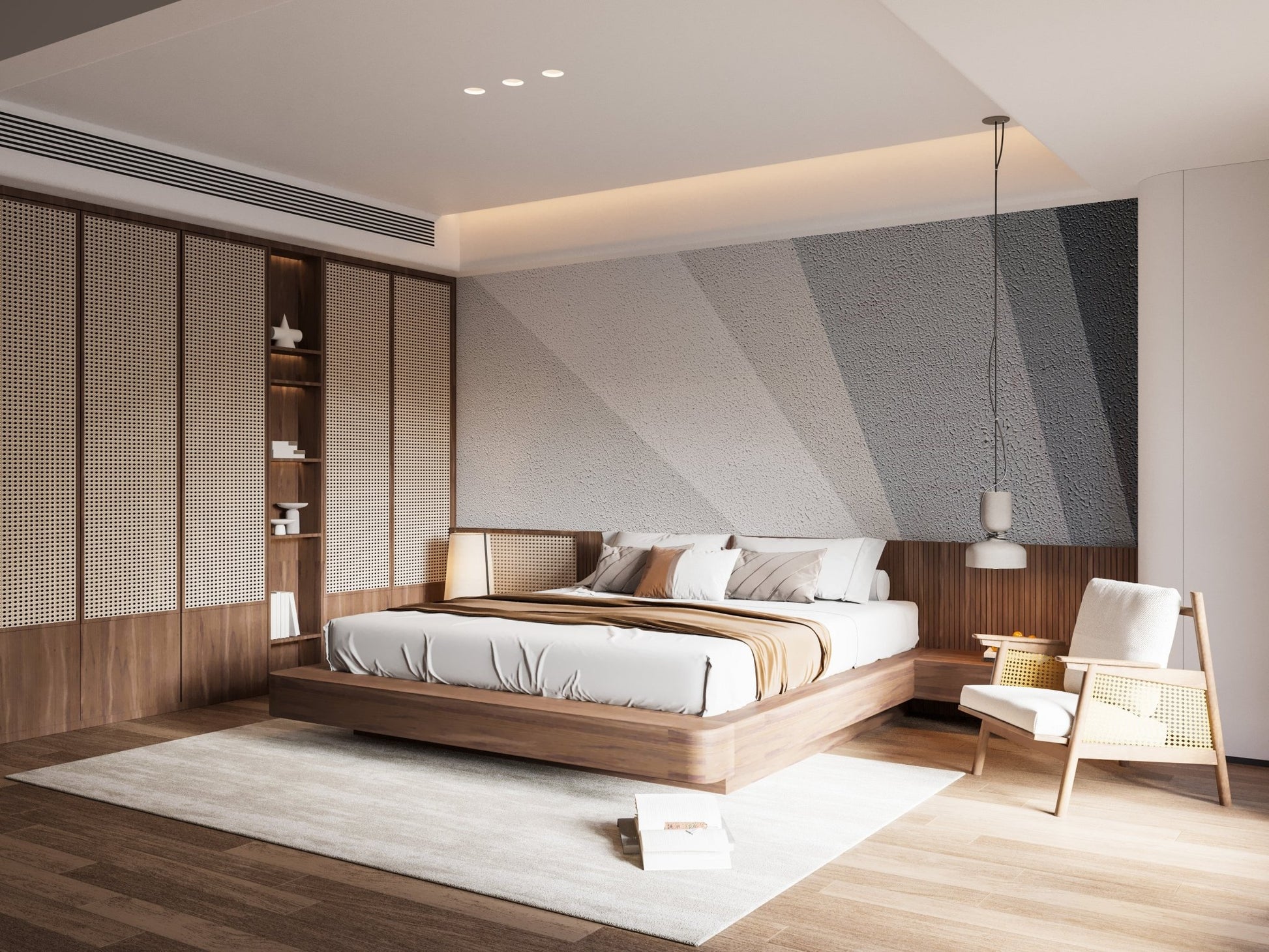 Sleek Concrete Impressions Wall Murals in a minimalist bedroom with wooden furniture.