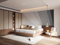 Sleek Concrete Impressions Wall Murals in a minimalist bedroom with wooden furniture.
