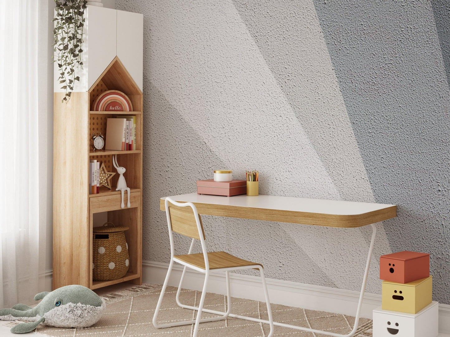 Sleek concrete mural adding an industrial touch to study area.
