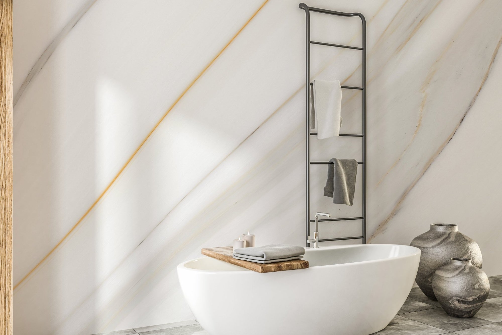 Sleek grey stone wall mural with golden highlights in a modern bathroom.