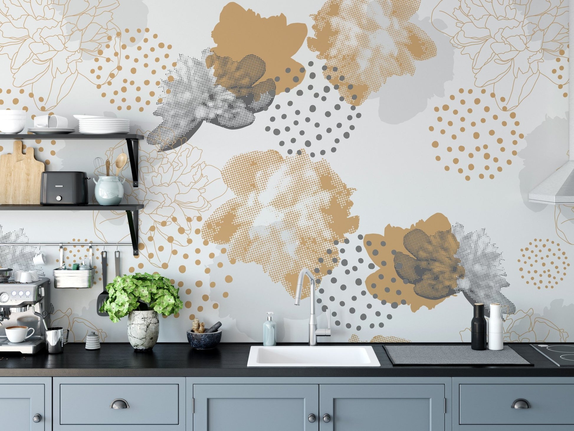 Sleek Modern Floral Tapestry Wall Murals in a contemporary kitchen setting.