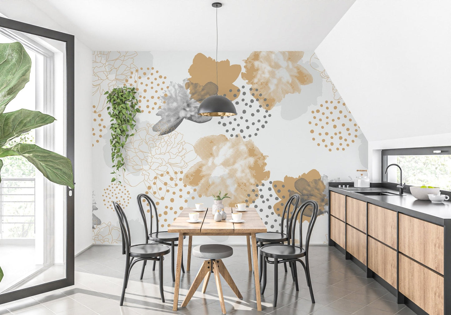 Minimalist dining area featuring a floral wall mural with mustard accents.