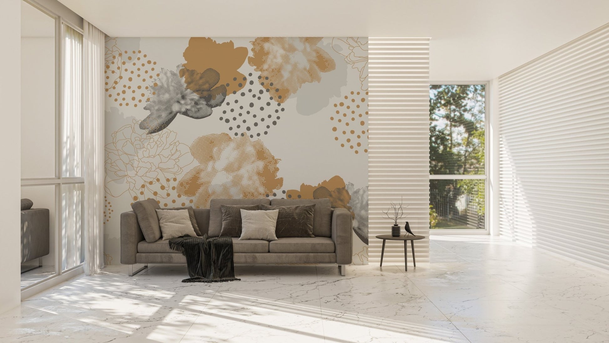 Floral wall mural with gold leaf patterns in an open-plan apartment.