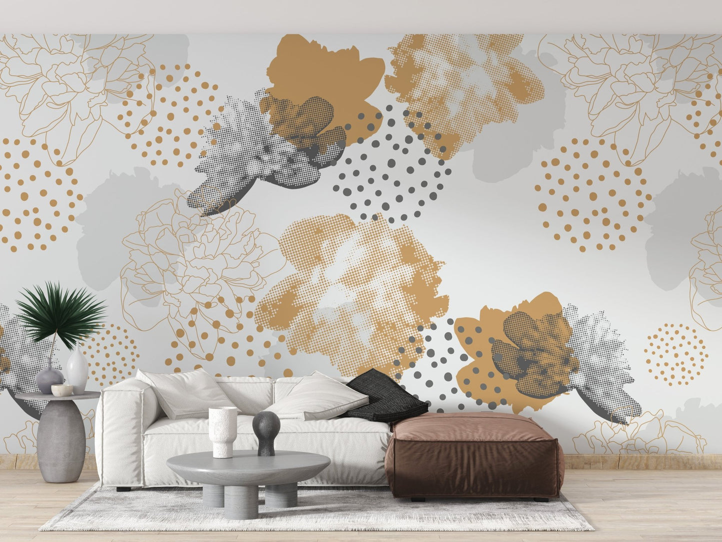 Contemporary sitting room with floral wall mural and natural wood furniture.