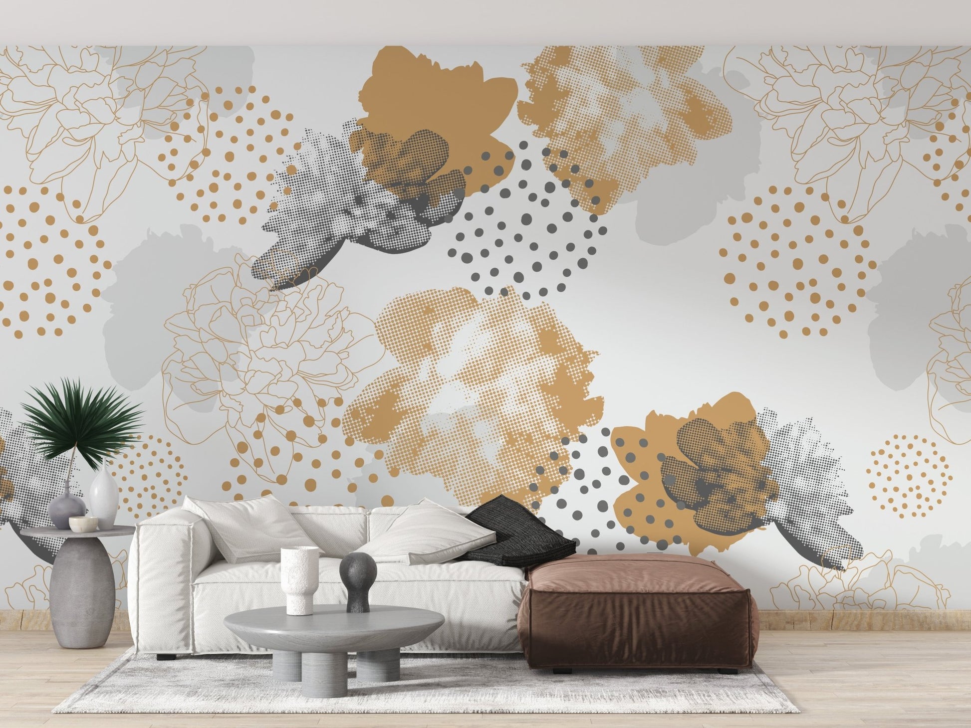 Contemporary sitting room with floral wall mural and natural wood furniture.