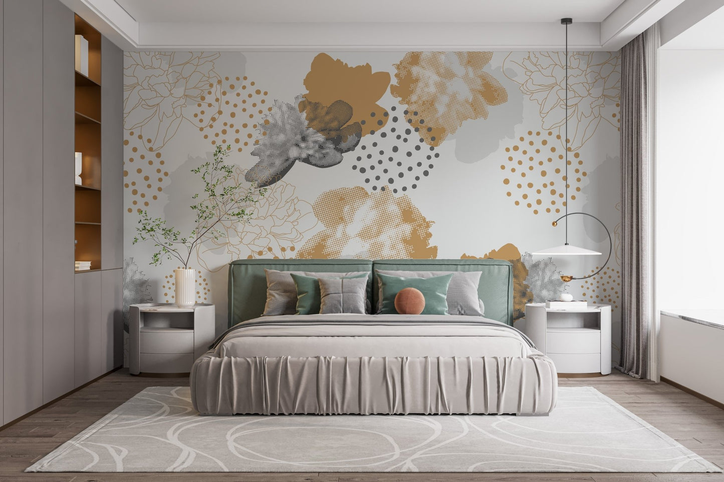 Large scale floral wall mural in a bright, modern guest bedroom.