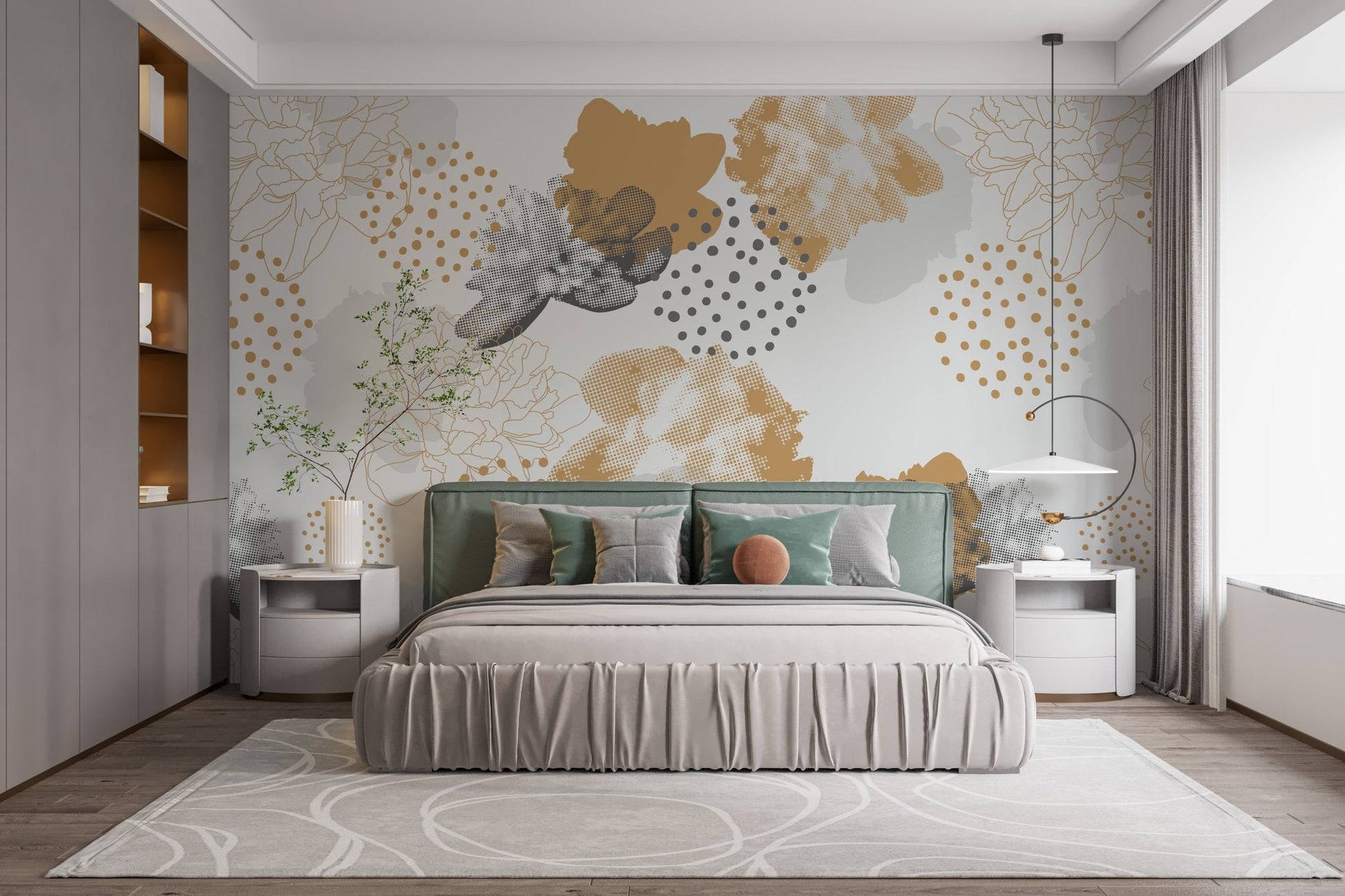 Large scale floral wall mural in a bright, modern guest bedroom.