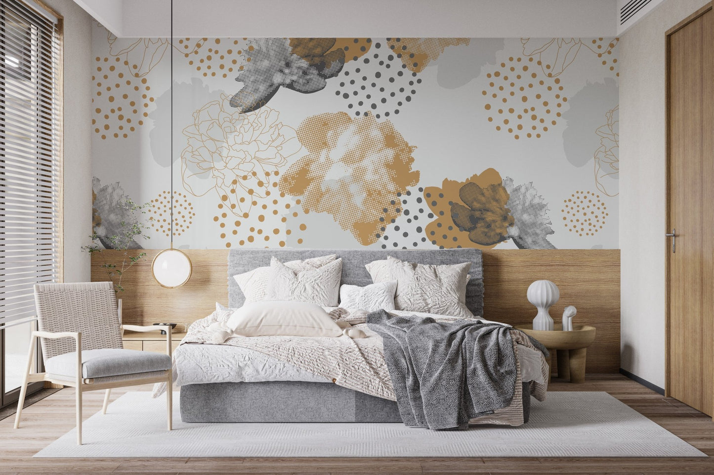 Sophisticated grey and tan floral wall mural for a luxury suite.