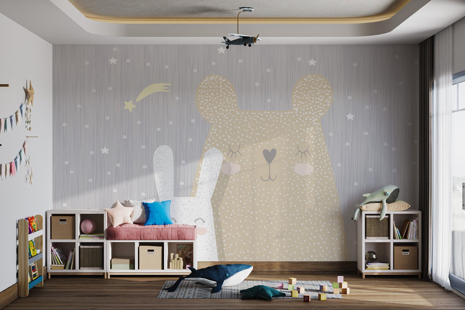 Grey textured background wall mural with sleeping animals for playroom.