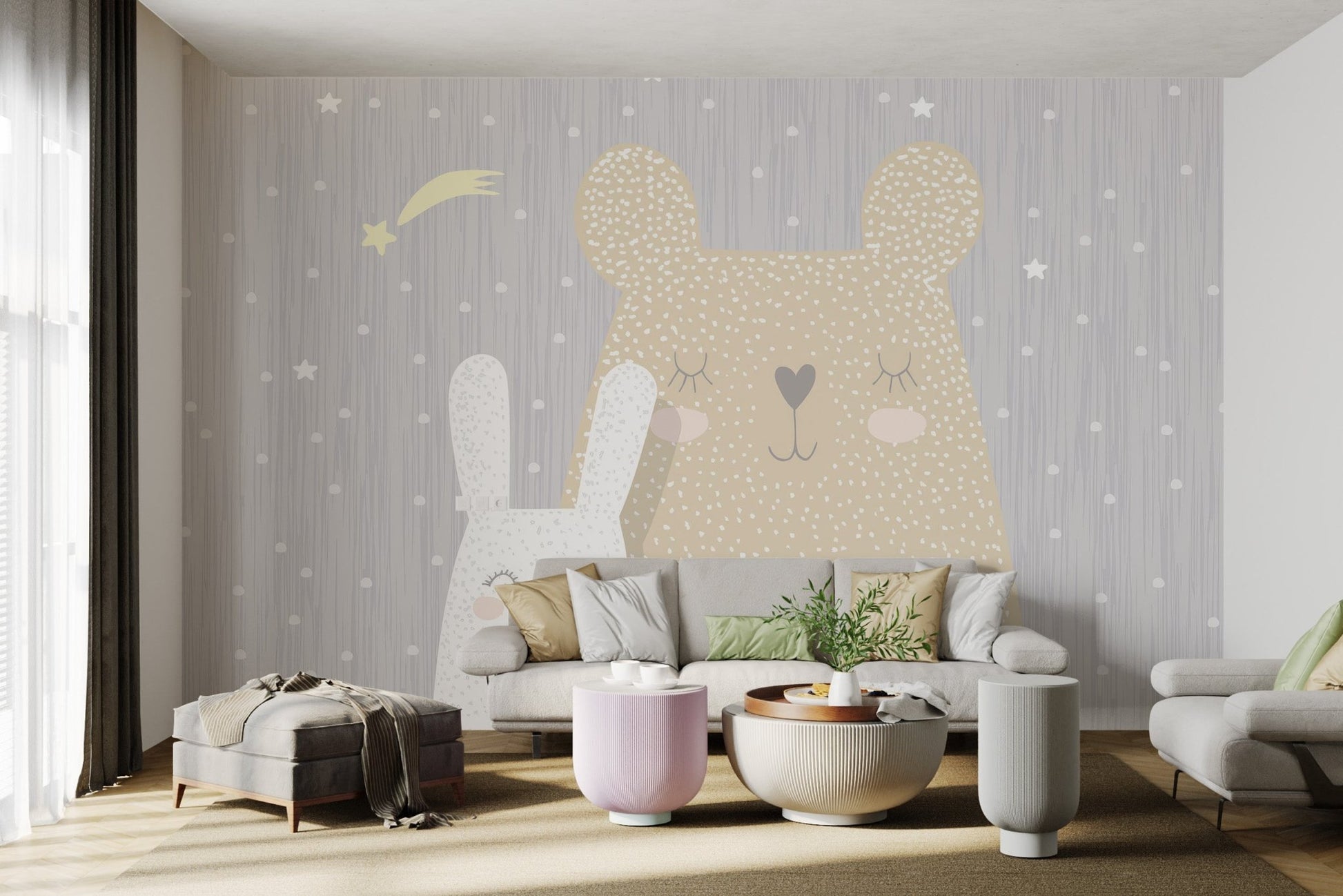 Starry grey sky wall mural with sleeping animals for living room interior
