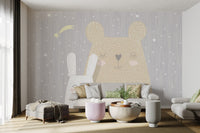 Starry grey sky wall mural with sleeping animals for living room interior